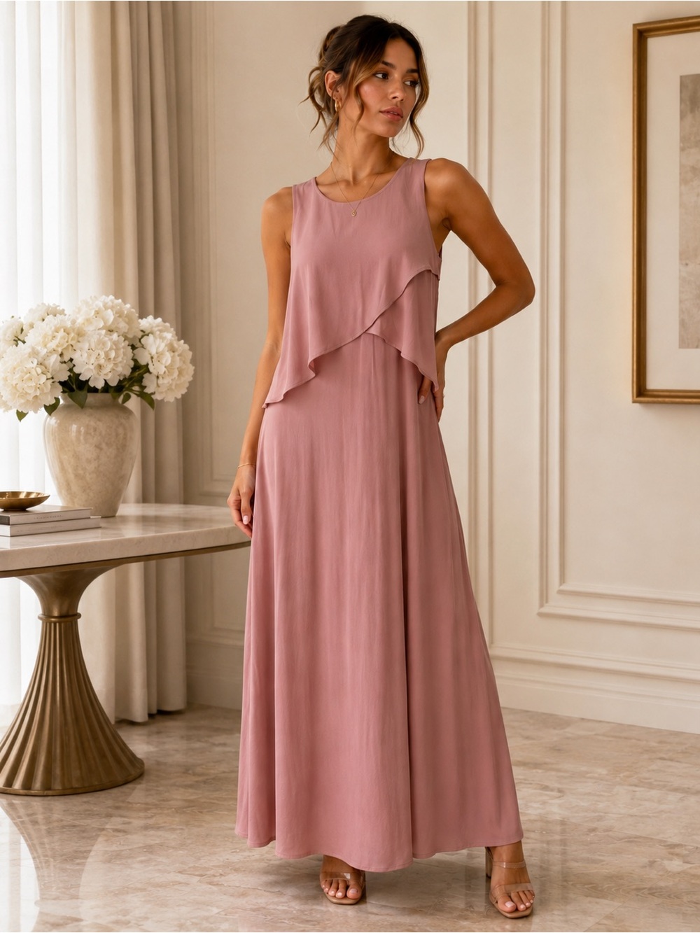 ASOS Dusty Rose Sleeveless Layered Maxi Dress